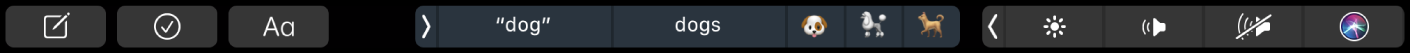 ה‑Touch Bar של ״פתקים״ עם כפתורים ליצירת פתק חדש, הוספת רשימה של משימות ועריכת מלל. בנוסף, תוכל/י לראות כפתורים המציגים הצעות הקלדה.