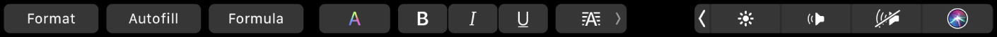 ה‑Touch Bar של Numbers עם כפתורים של ״עיצוב״, ״מילוי אוטומטי״ ו״נוסחה״. בנוסף קיימים כפתורים לעיצוב מלל עבור צבע, הדגשה, הטיה, קו תחתון ויישור.