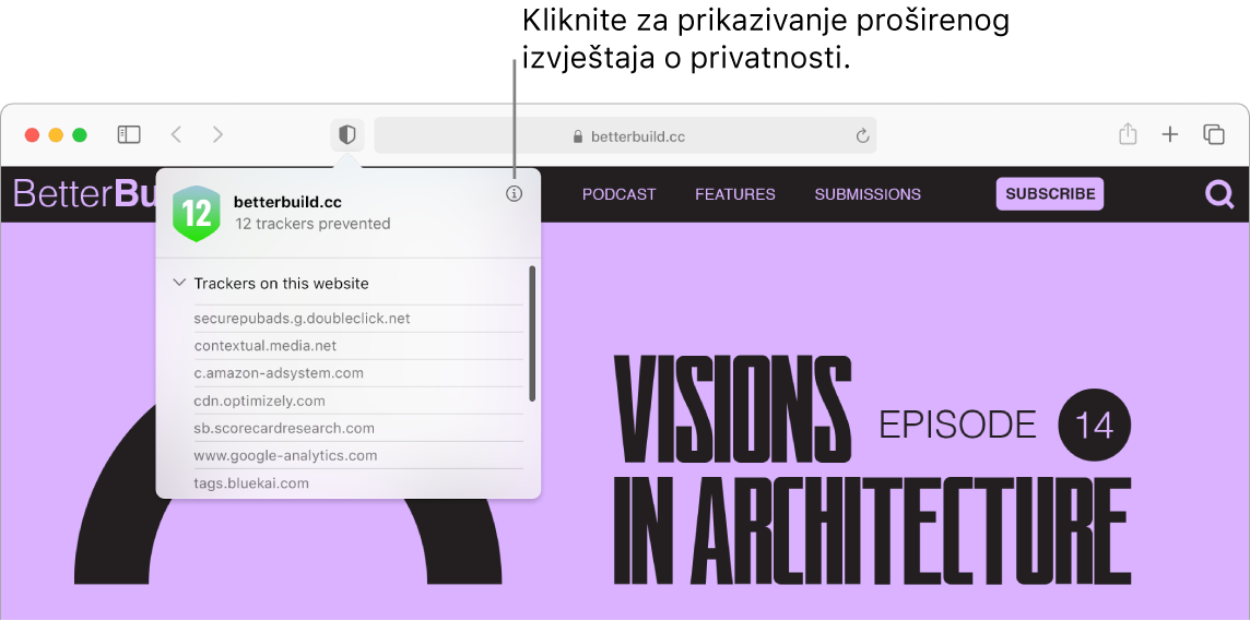 Prozor aplikacije Safari prikazuje postavke web stranica uključujući Koristi Čitač kad je dostupan, Omogući blokade sadržaja, Zumiranje stranice, Auto reprodukcija i Skočni prozori.