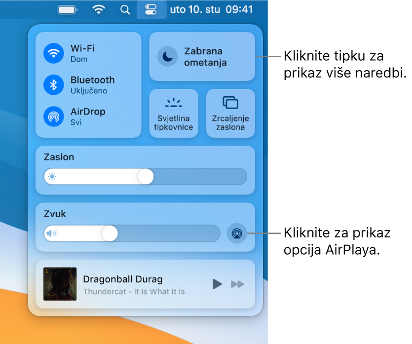 Zumiran prikaz Kontrolnog centra na Macu s oblačićem za tipku Zaslon.