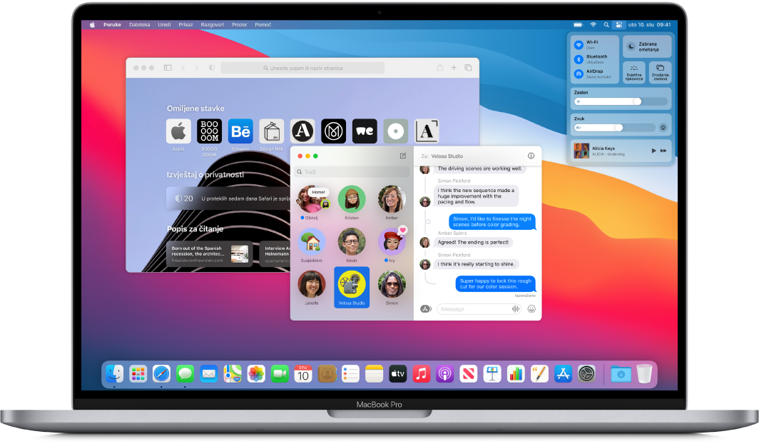 Radna površina MacBook Pro računala koja prikazuje Kontrolni centar i nekoliko otvorenih aplikacija.