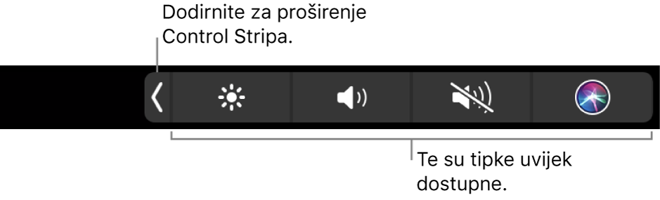 Djelomičan zaslon standardnog Touch Bara prikazuje sažeti Control Strip. Dodirnite tipku za proširenje kako bi se prikazao cijeli Control Strip.