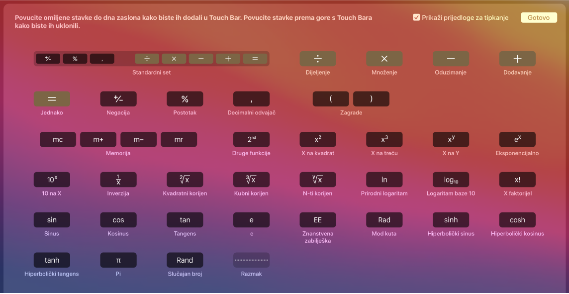 Stavke u Touch Baru Kalkulatora možete prilagoditi povlačeći ih u Touch Bar.