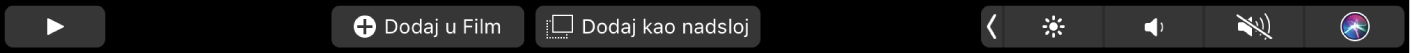 Touch Bar za iMovie prikazuje tipke za označavanje kao omiljeno, brisanje, reprodukciju, dodavanje filmu i dodavanje kao nadsloj.