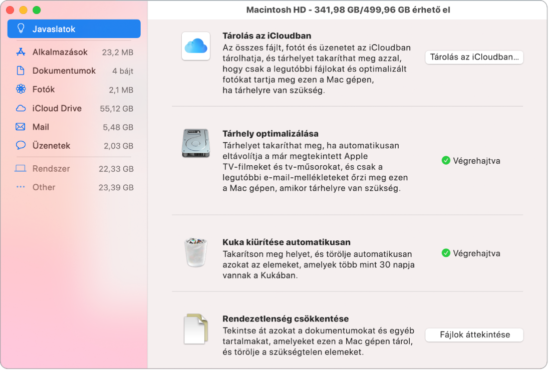 Tárhellyel kapcsolatos beállítások a Javaslatok panelen a következő opciókkal: Tárolás az iCloudban, Tárhely optimalizálása, Kuka törlése automatikusan és Rendezetlenség csökkentése.