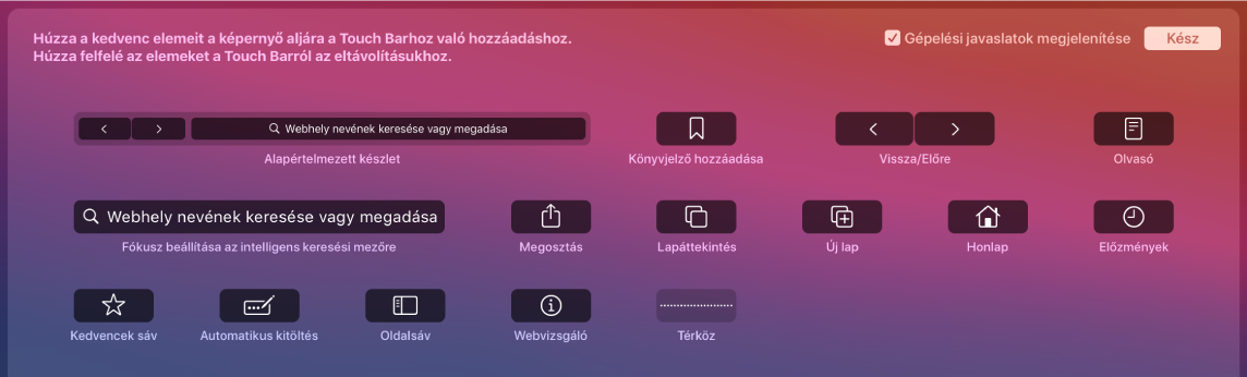 A Safari testreszabása rész Touch Barra húzható elemei.