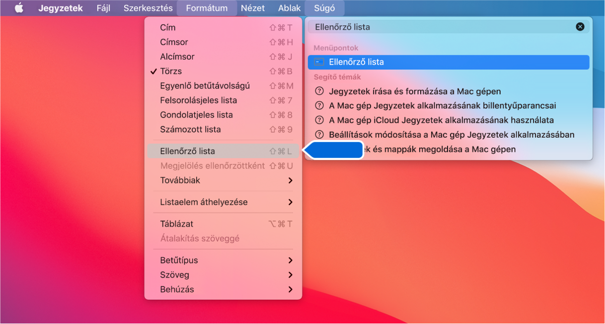 A súgó menü, amelyben a „lista” keresőkifejezés látható, továbbá a Felsorolásjeles lista parancs, amely a találatok listáján és a Formátum menüben egyaránt ki van emelve.