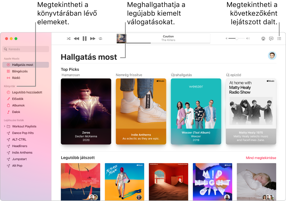 A Zene alkalmazása ablakában látható, hogy hogyan tekintheti meg könyvtárát, hallgathatja az Apple Musicot, és tekintheti meg a következőnek lejátszott számot.