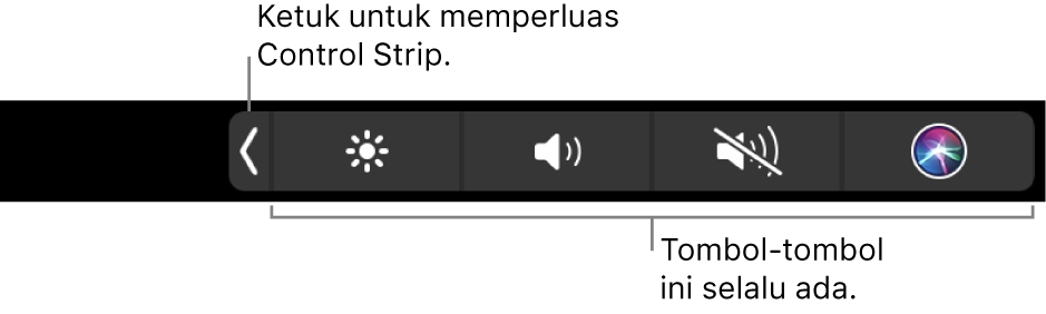 Sebagian layar Touch Bar default, menampilkan Control Strip yang diciutkan. Ketuk tombol perluas untuk menampilkan Control Strip penuh.