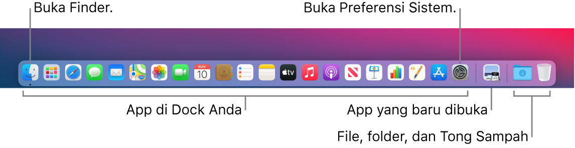 Dock, menampilkan Finder, Preferensi Sistem, dan pemisah di Dock yang memisahkan app dari file dan folder.