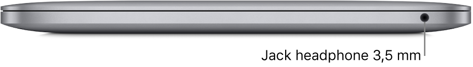 Tampilan sisi kanan MacBook Pro dengan keping M1 Apple, dengan keterangan untuk jack headphone 3,5 mm.