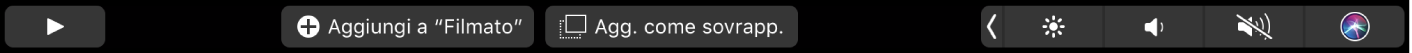 La Touch Bar di iMovie con i pulsanti per contrassegnare i preferiti, per l'eliminazione, la riproduzione, per aggiungere un videoclip al filmato o per aggiungerlo come sovrapposizione.