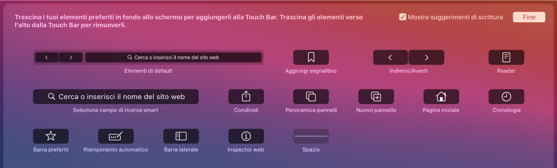 Le opzioni di personalizzazione in Safari che possono essere trascinate nella Touch Bar.