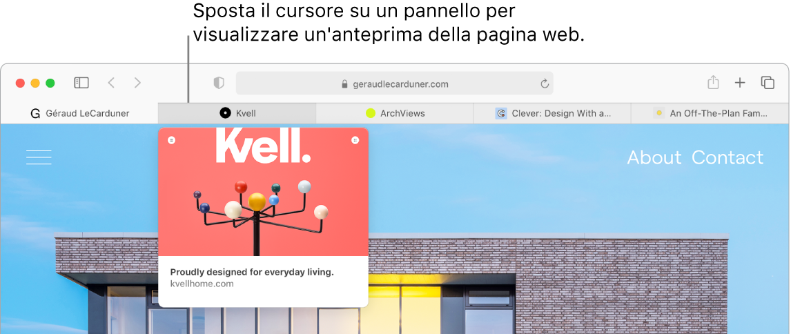 Una finestra di Safari con cinque pannelli che mostra le Favicon e l'etichetta del pannello. Al di sotto di un pannello si trova una finestra di anteprima con i contenuti di quel pannello.