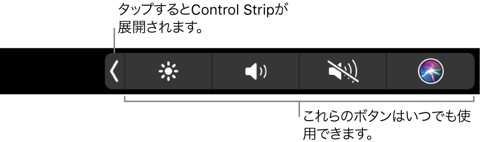 デフォルトのTouch Barの画面の一部。折りたたまれたControl Stripが表示されています。展開ボタンをタップすると、Control Strip全体が表示されます。