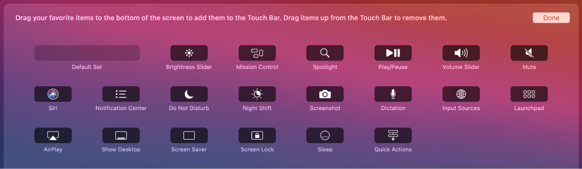 Touch Bar терезесіне сүйреу арқылы Control Strip терезесінде теңшеуге болатын элементтер.