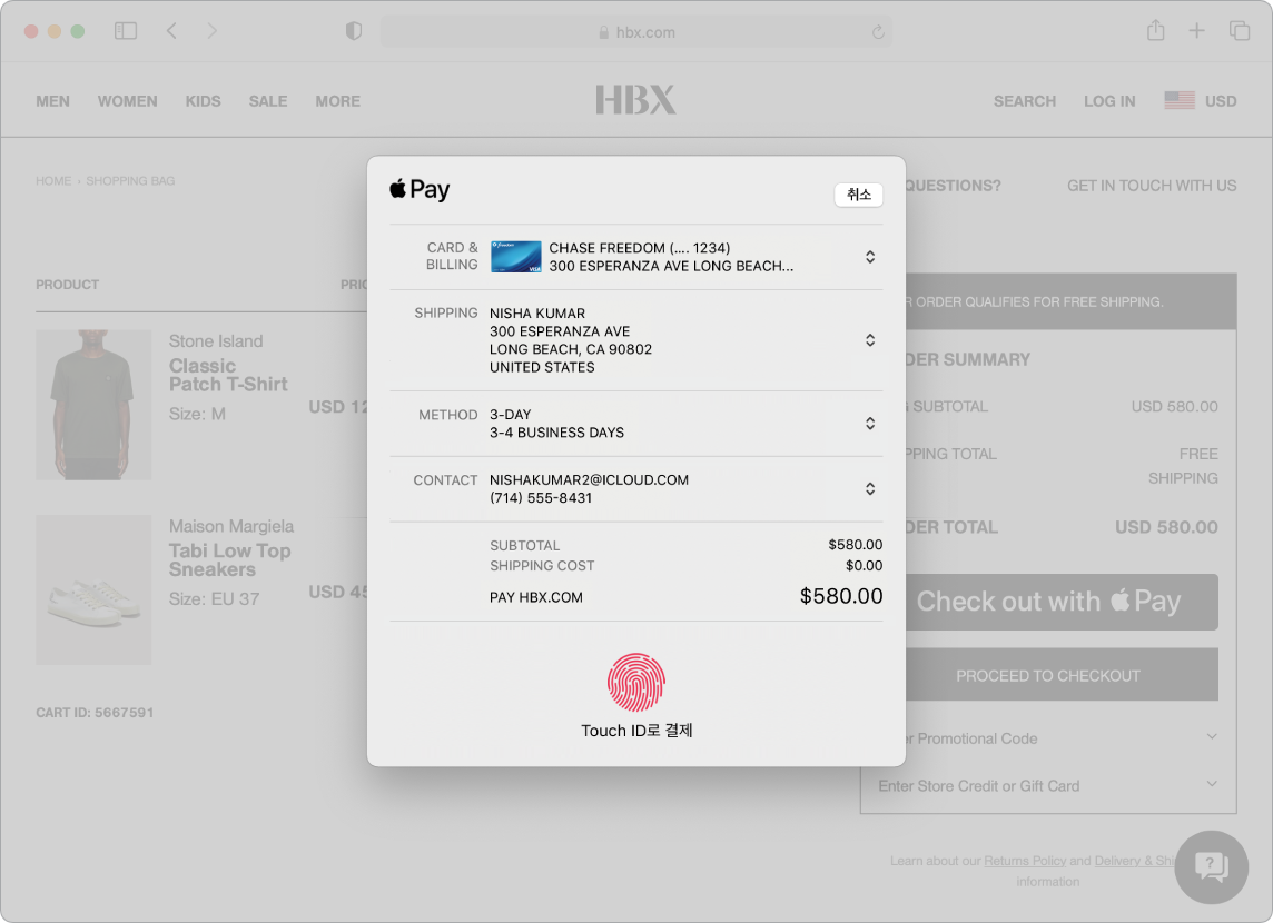 Safari에서 Apple Pay 옵션을 사용하여 온라인 구입 진행 상태를 표시하는 Mac 화면.