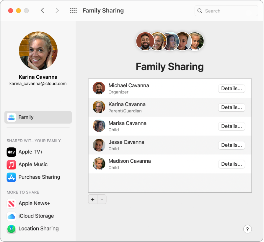„Safari“ langas, kuriame matomi „Family Sharing“ nustatymai puslapyje iCloud.com.