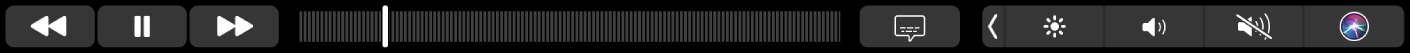 Rodomi programai TV pritaikytos „Touch Bar“ mygtukai, skirti atsukti atgal, pristabdyti arba prasukti į priekį, mygtukai „Extras“, „Subtitles“, „Menu“ ir naršymo slinkimo juosta.