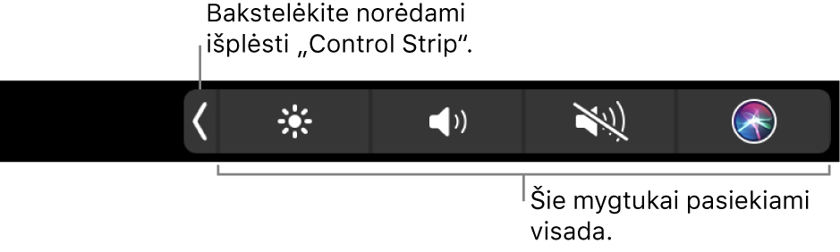 Numatytosios „Touch Bar“ ekrano dalis, kurioje rodoma sutraukta juosta „Control Strip“. Palieskite išplėtimo mygtuką, kad rodytumėte visą juostą „Control Strip“.