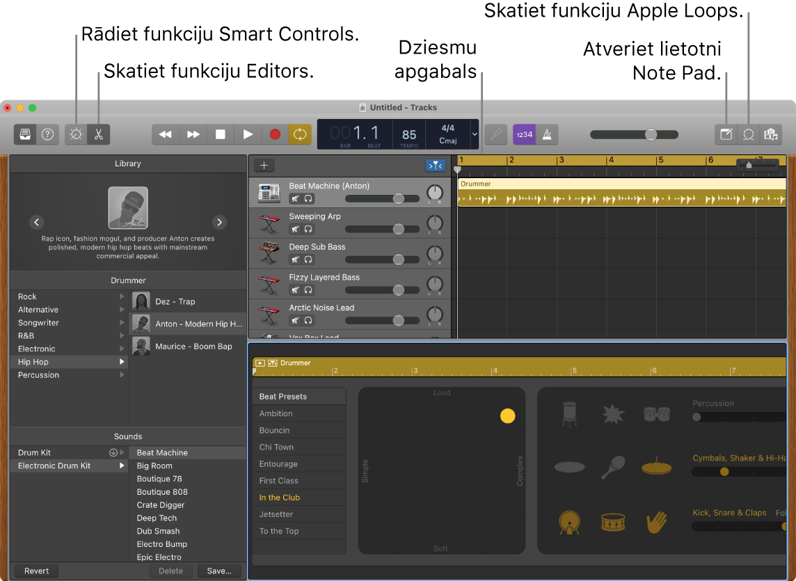 Lietotnes GarageBand logā redzamas pogas piekļuvei funkcijām Smart Controls, Editors, Notes un Apple Loops. Ir redzams arī skaņu celiņu attēlojums.