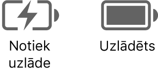 Uzlādes procesā esoša un uzlādēta akumulatora statusa ikonas.