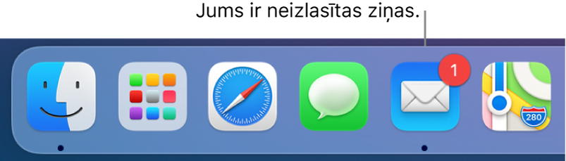 Joslas Dock daļa, kurā redzama lietotnes Mail ikona ar emblēmu, kas norāda nelasīto ziņojumu skaitu.