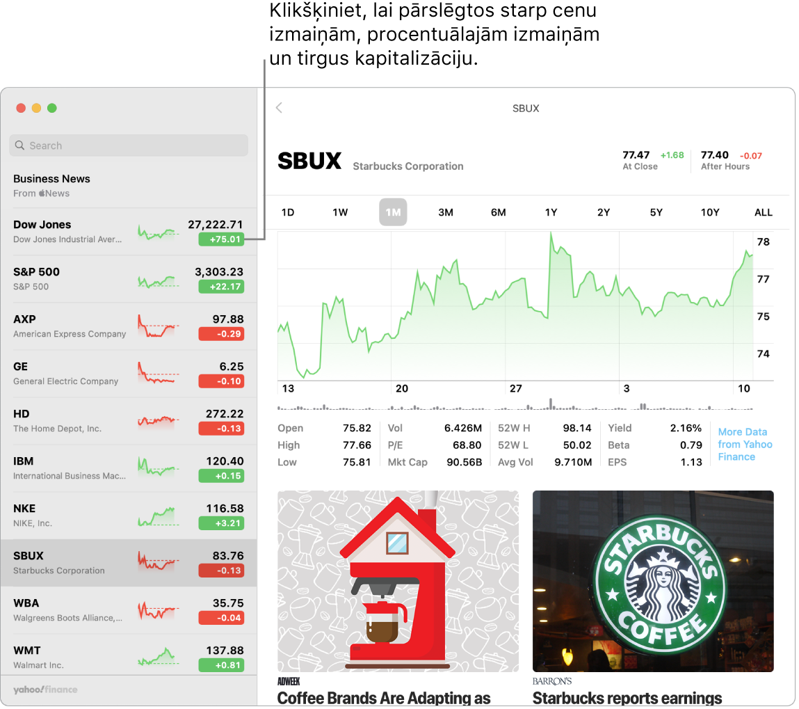 Lietotnes Stocks ekrānā redzama informācija un raksti par atlasīto akciju.