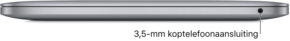 Het rechteraanzicht van een MacBook Pro met de Apple M1-chip met een bijschrift voor de 3,5-mm koptelefoonaansluiting.