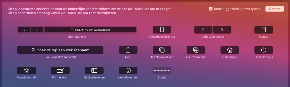 De Safari-regelaars die naar de Touch Bar kunnen worden gesleept.