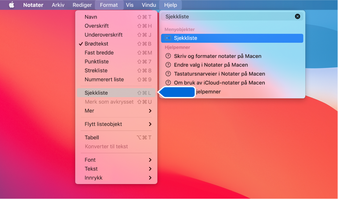 Hjelp-menyen som viser et søk etter «liste» med Punktliste-kommandoen uthevet i listen med resultater og i Format-menyen.