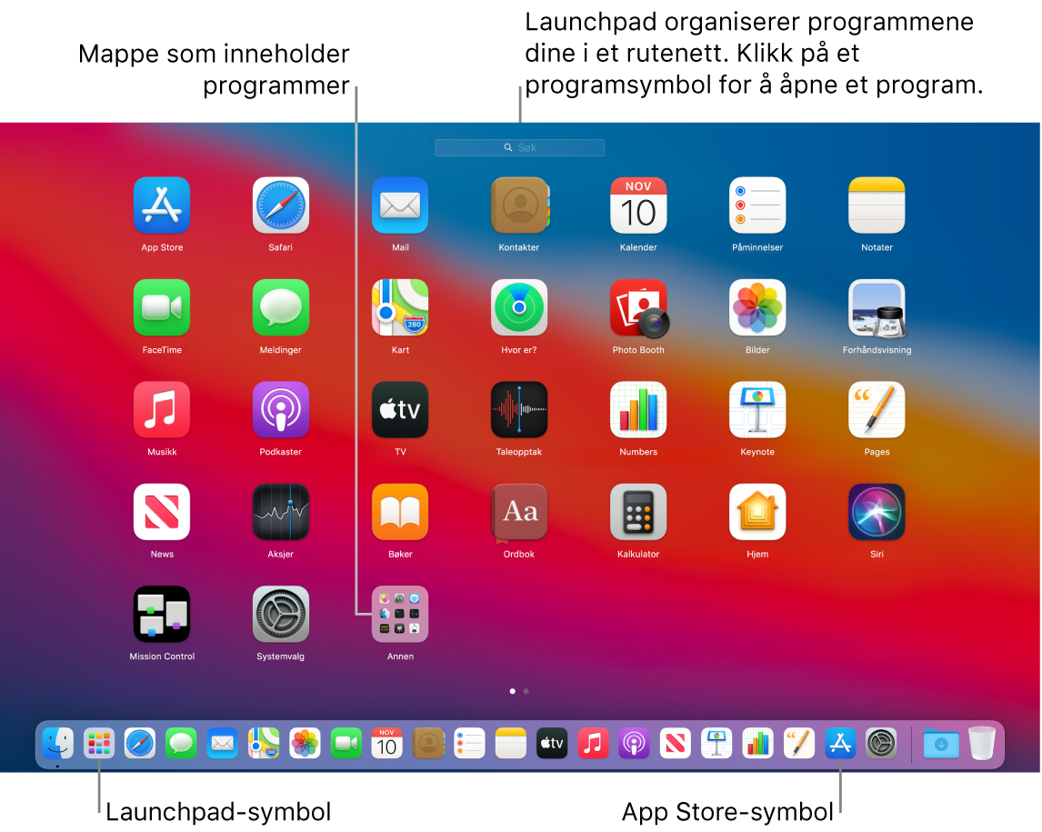 En Mac-skjerm med Launchpad åpent, som viser en mappe med programmer i Launchpad og Launchpad- og App Store-symbolene i Dock.
