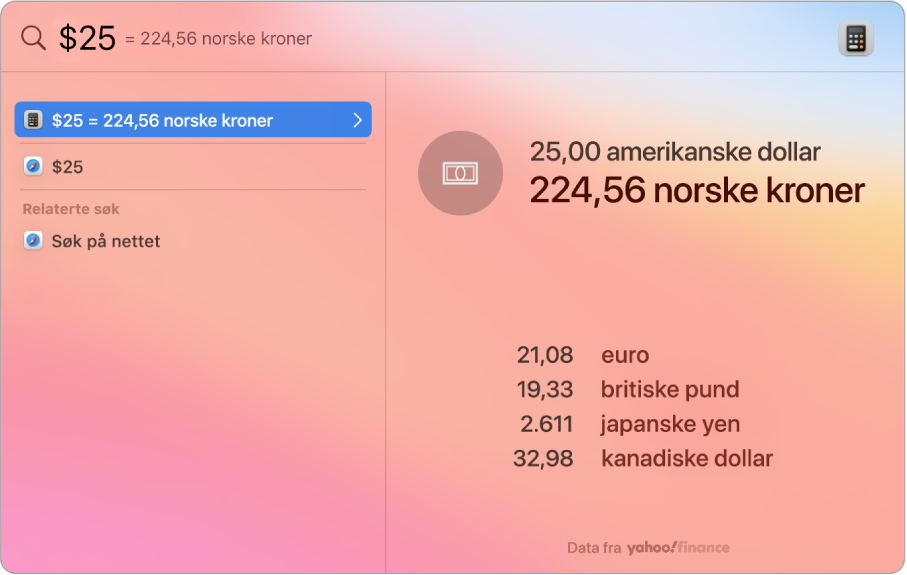 Et skjermbilde som viser dollar konvertert til pesos, med topptreff som viser konverteringen og flere resultater som kan velges.