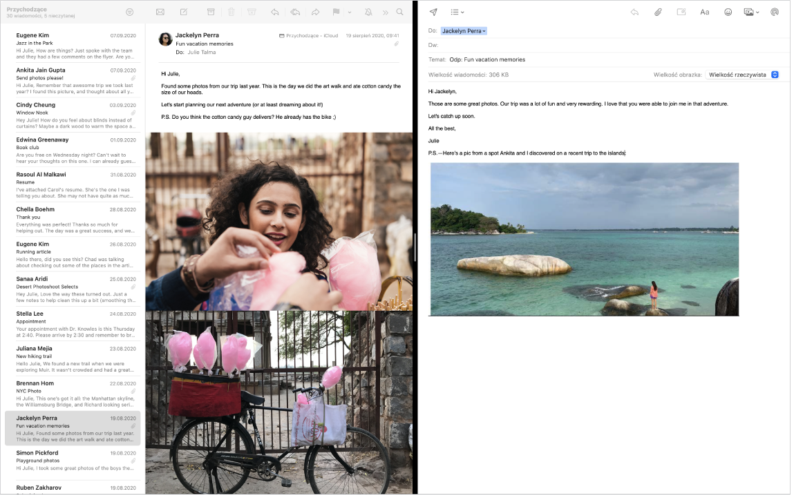 Okno aplikacji Mail podzielone na części pokazujące dwie wiadomości obok siebie.