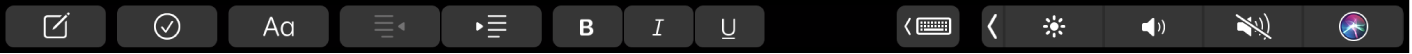 Pasek Touch Bar z przyciskami formatowania tekstu. Dostępne są narzędzia wyrównywania (do lewej i prawej) oraz formatowania tekstu jako pogrubionego, kursywy i podkreślonego. Wyświetlany jest także przycisk sugestii pisania.