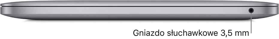 MacBook Pro z czipem Apple M1 widziany z prawej strony. Opisy na ilustracji wskazują gniazdo słuchawek 3,5 mm.