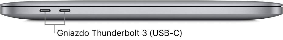 MacBook Pro z czipem Apple M1 widziany z lewej strony. Opisy na ilustracji wskazują gniazda Thunderbolt 3 (USB-C).