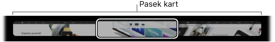 Pasek kart na pasku Touch Bar w aplikacji Safari. Zawiera on miniaturę podglądu każdej otwartej karty.