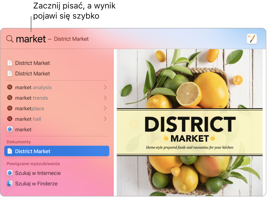 Okno Spotlight z listą wyników wyszukiwania widoczną po lewej.