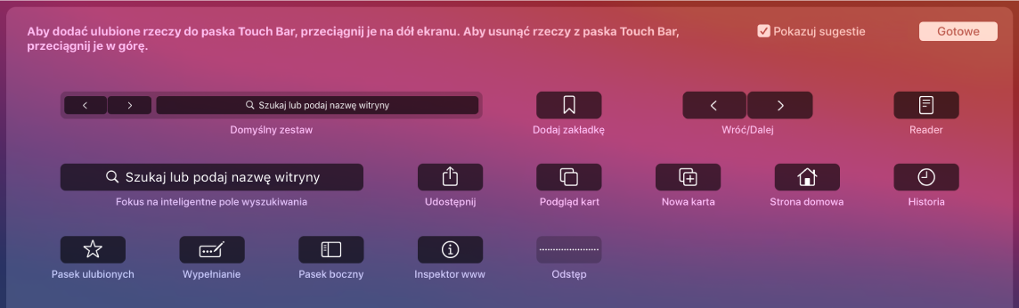 Opcje dostosowania Safari, które można przeciągać na pasek Touch Bar.