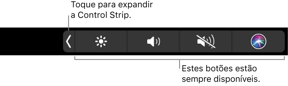Tela parcial da Touch Bar padrão, mostrando a Control Strip minimizada. Toque no botão expandir para mostrar a Control Strip completa.