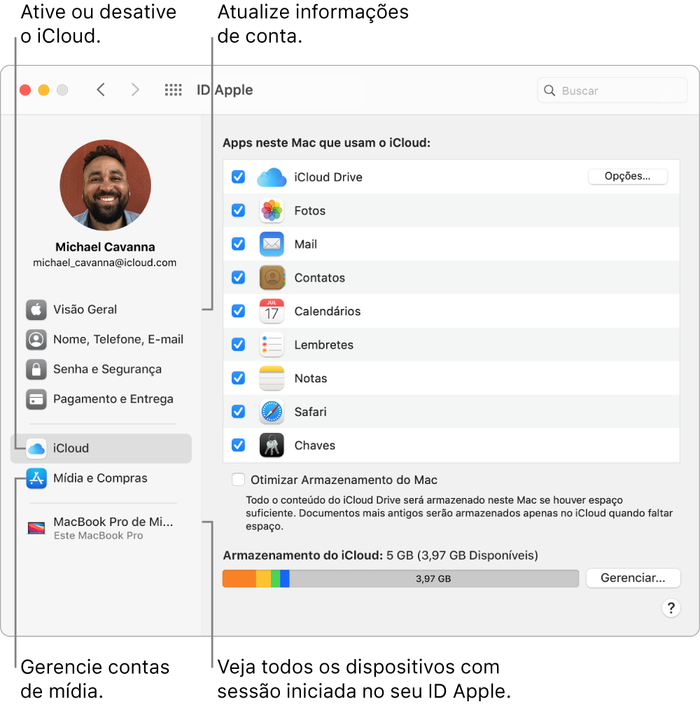 O painel ID Apple nas Preferências do Sistema. Clique em um item na barra lateral para atualizar suas informações de conta, ativar ou desativar o iCloud, gerenciar contas de mídia ou ver todos os dispositivos com uma sessão iniciada com o seu ID Apple.