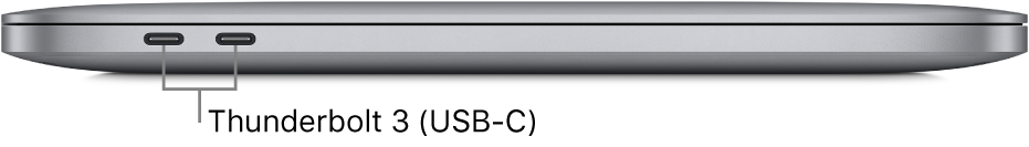 Vista da lateral esquerda de um MacBook Pro com chip M1 da Apple, com uma chamada para as portas Thunderbolt 3 (USB-C).
