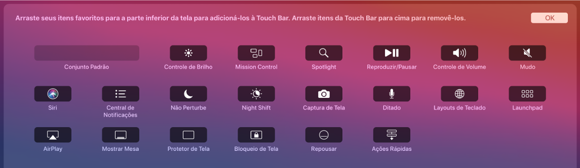 Os itens que você pode personalizar na Control Strip, arrastando-os para a Touch Bar.