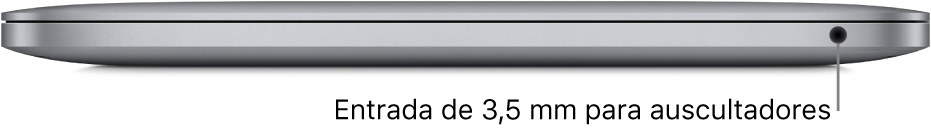 Vista do lado direito de um MacBook Pro com chip Apple M1, com uma chamada para a ficha de 3,5 mm para auscultadores.