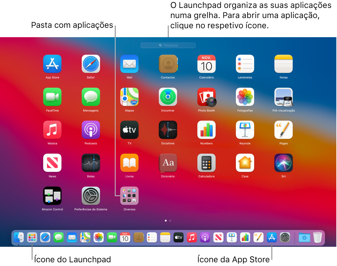 Um ecrã do Mac com o Launchpad aberto, a mostrar uma pasta de aplicações no Launchpad e os ícones do Launchpad e da App Store na Dock.