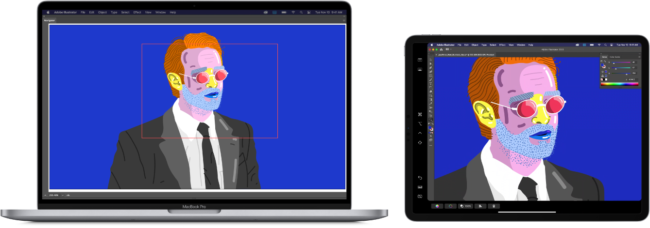 Um MacBook Pro e um iPad lado a lado. O MacBook Pro mostra uma imagem artística na janela do navegador do Illustrator. O iPad mostra a mesma imagem artística na janela do documento Illustrator, rodeada de barras de ferramentas.