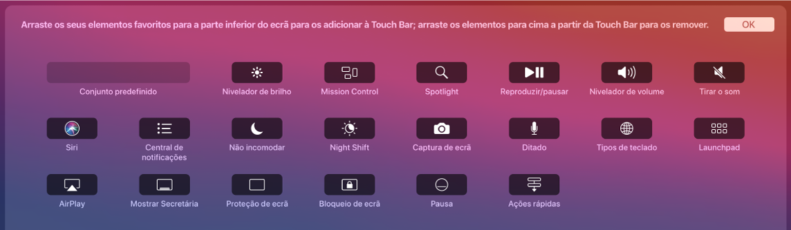 Os elementos que pode personalizar na Control Strip arrastando-os para a Touch Bar.