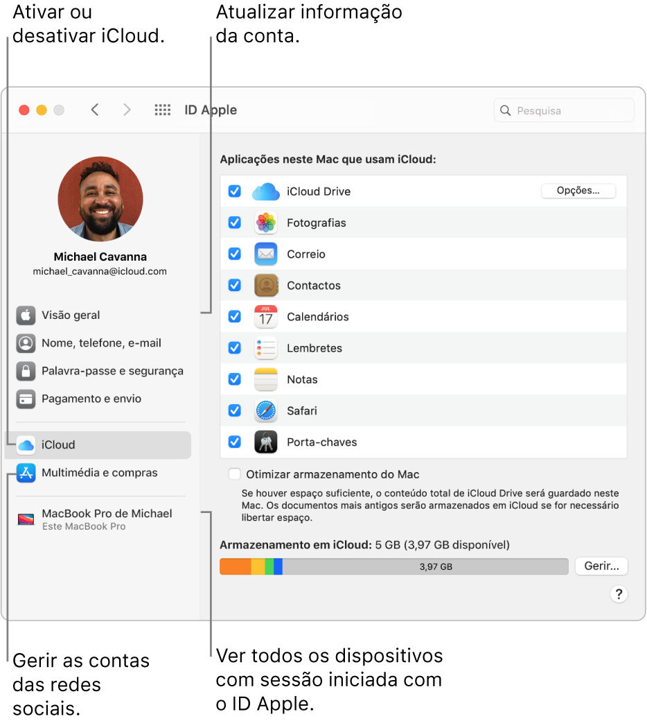 O painel ID Apple nas Preferências do Sistema. Clique num elemento na barra lateral para atualizar as informações da conta, ativar ou desativar iCloud, gerir contas multimédia ou ver todos os dispositivos com sessão iniciada com o seu ID Apple.