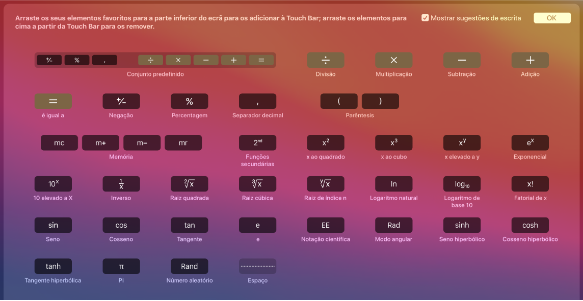 Os elementos na Touch Bar da Calculadora que pode personalizar arrastando-os para a Touch Bar.